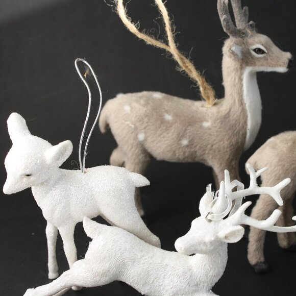 Lot of 6 Vintage Deer Ornaments Flocked Faux Fur white sparkles Christmas - Picture 2 of 11